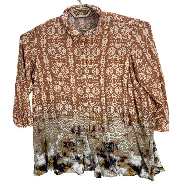 Zac Rachel Boho Tunic Blouse Plus 1X Brown Bohemian Hippie Lightweight Button Up - Picture 1 of 6